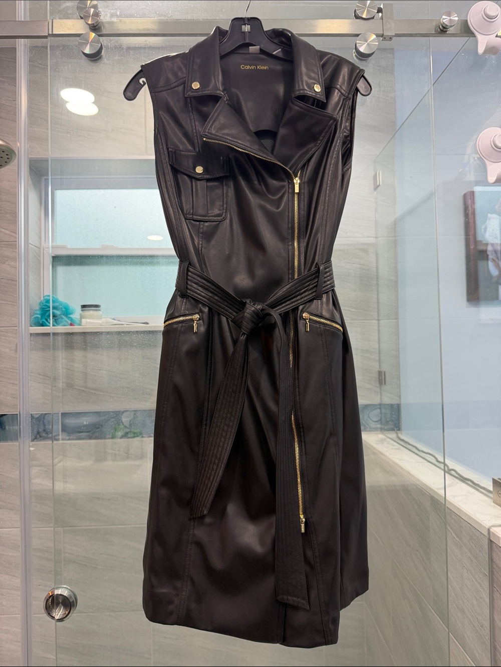 Calvin Klein Black Sleeveless Faux-Leather Belted Moto Midi Dress